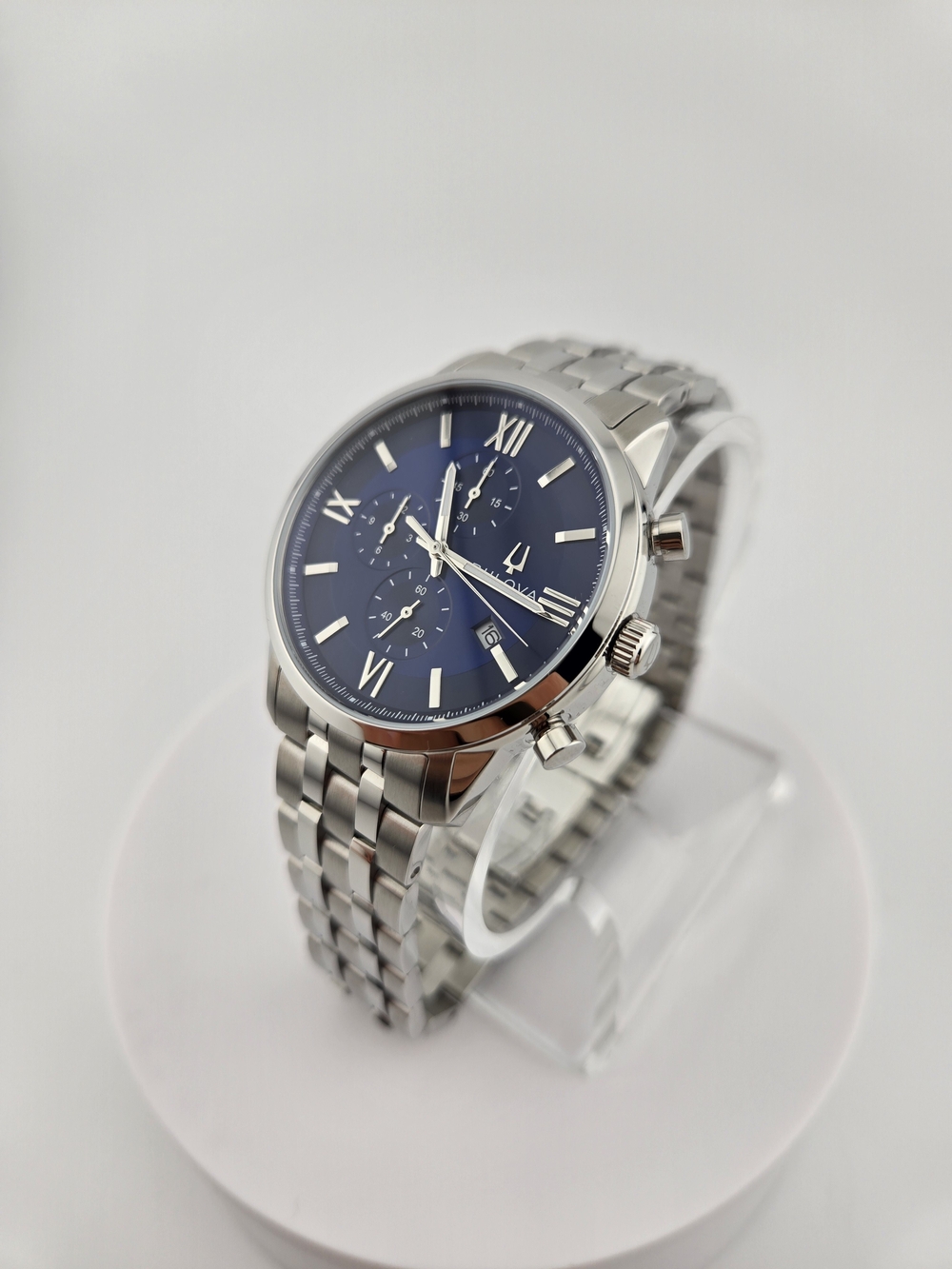 Bulova Silver Stainless Steel Watch with Blue Dial